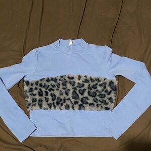 Blue Long Sleeve Top with Leopard Print